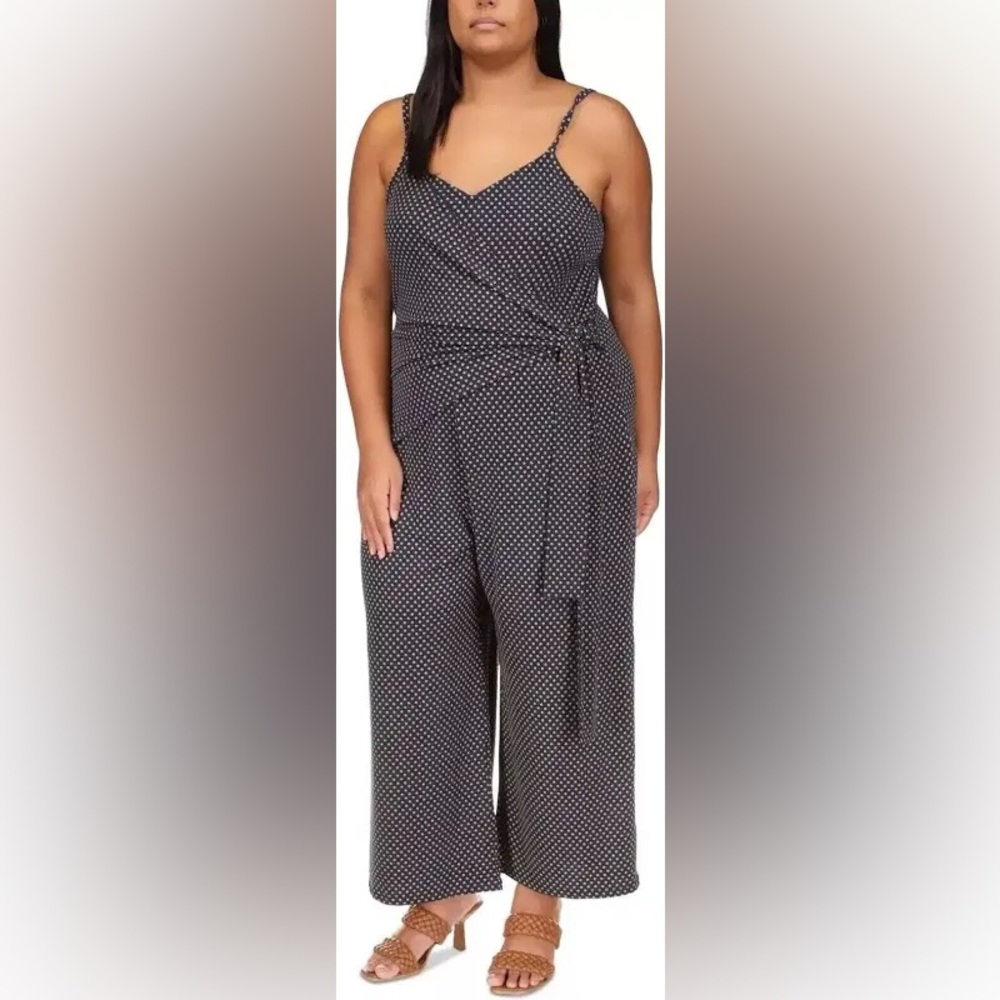 Michael Kors Plus Size 2X Printed Side-Tie Jumpsuit Navy Blue with Gold/Yellow